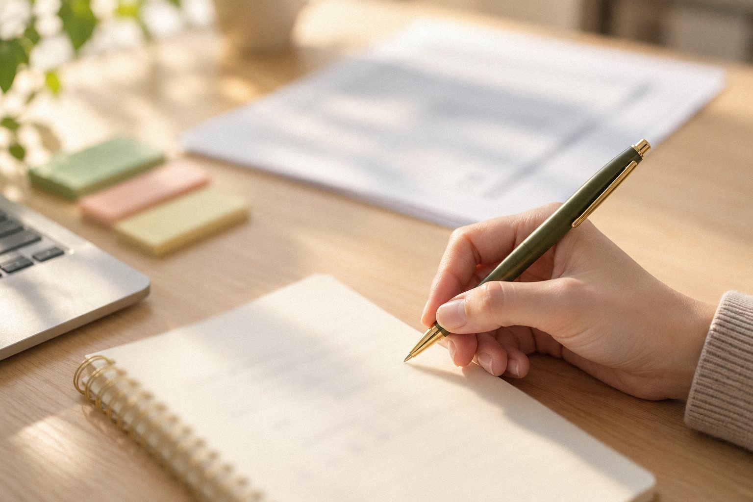 聞き取りのメモを横に置き、申請書に書き込む手元